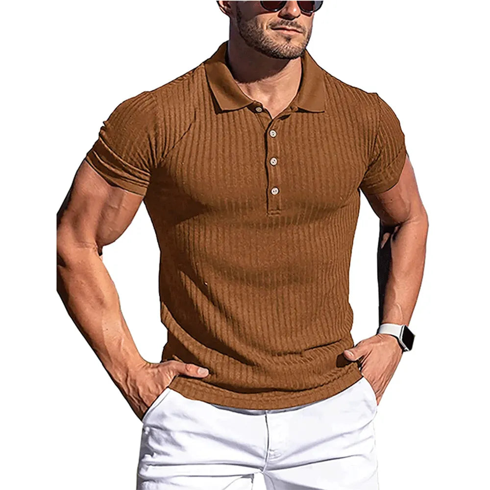 Solid Stripe Fitness Elasticity Short Sleeve Shirts for Men