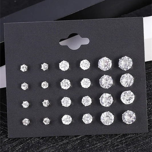 New 12 Pair/Pack White Shiny Wedding Stud Earrings Set For Women Men Crystal Earrings Jewelry Accessories Gifts
